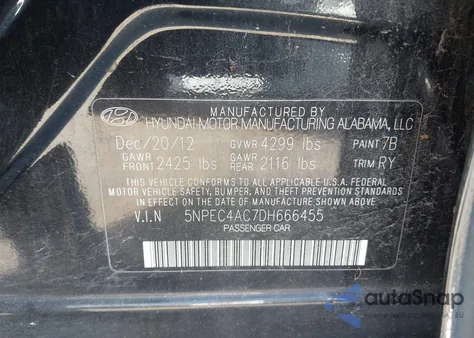 2013 Hyundai Sonata Se из США, поврежденный, VIN 5NPEC4AC7DH666455